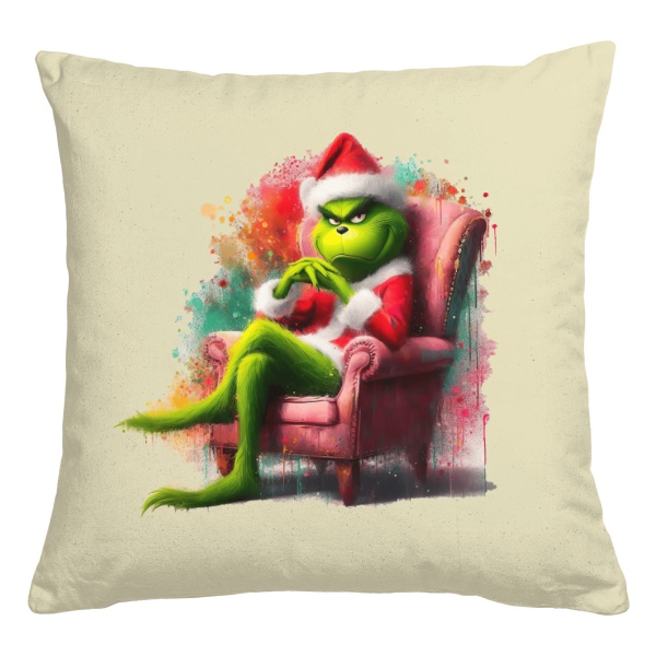 Polštář bavlněný  s potiskem Usměvavý Grinch v křesle art